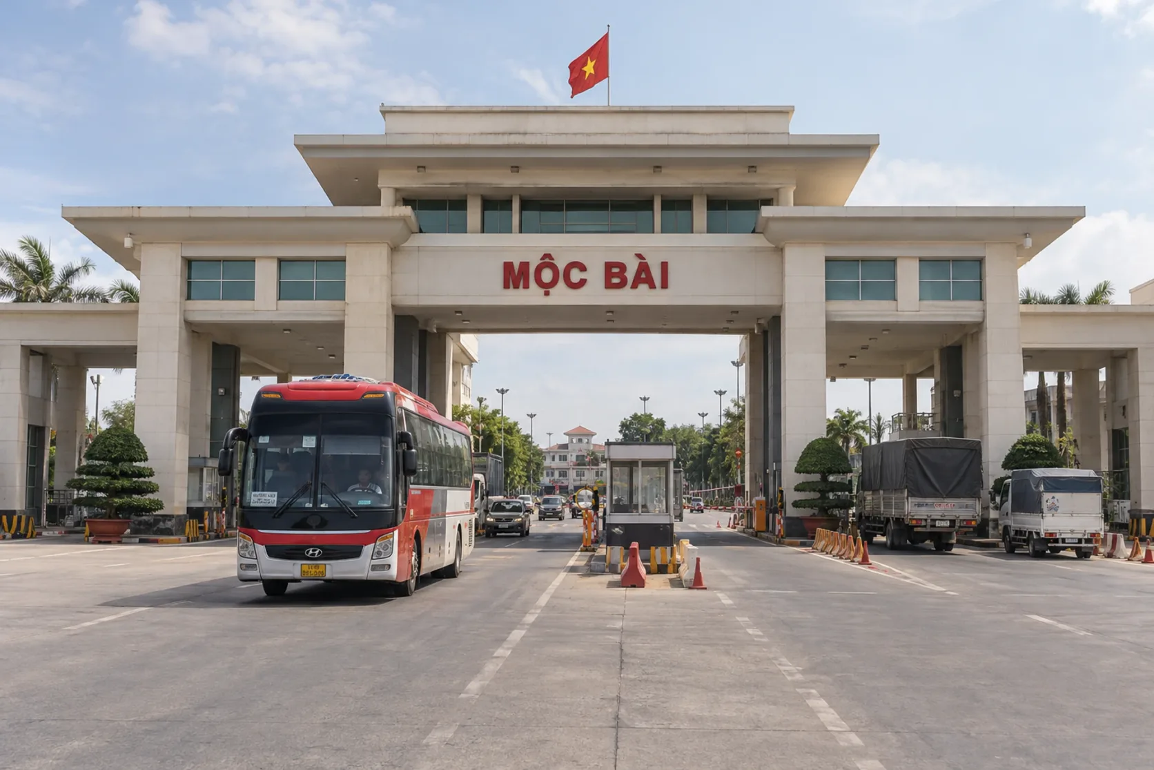 El edificio del paso fronterizo de Mộc Bài con su letrero y un autocar en el carril.