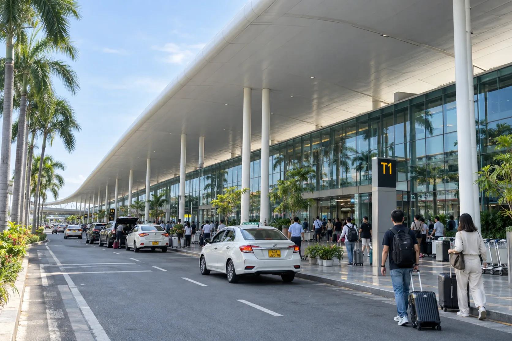 La zone des arrivées de l’aéroport de Da Nang, avec des taxis et des passagers munis de valises.