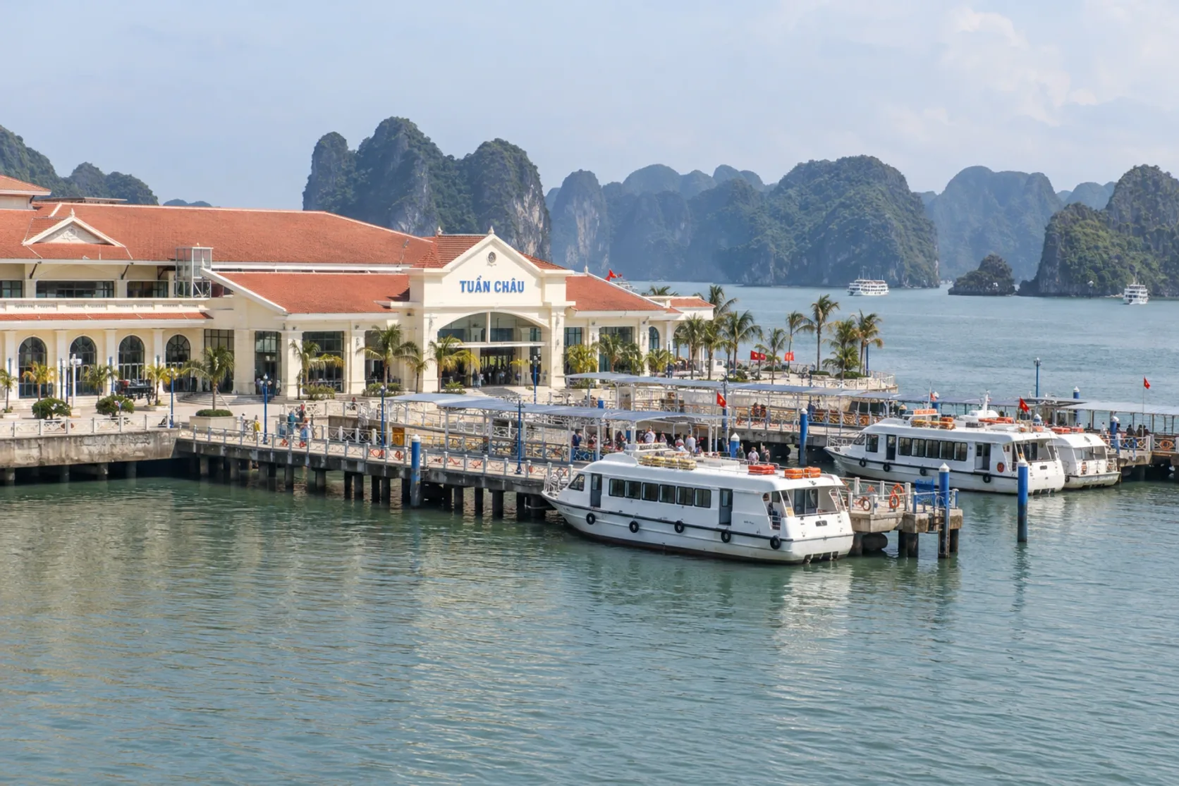 Passenger boats and the waterfront terminal at Tuần Châu International Port.