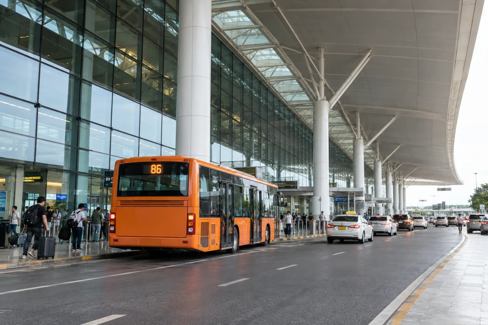 The arrivals curb at Noi Bai airport with an orange route 86 airport bus.