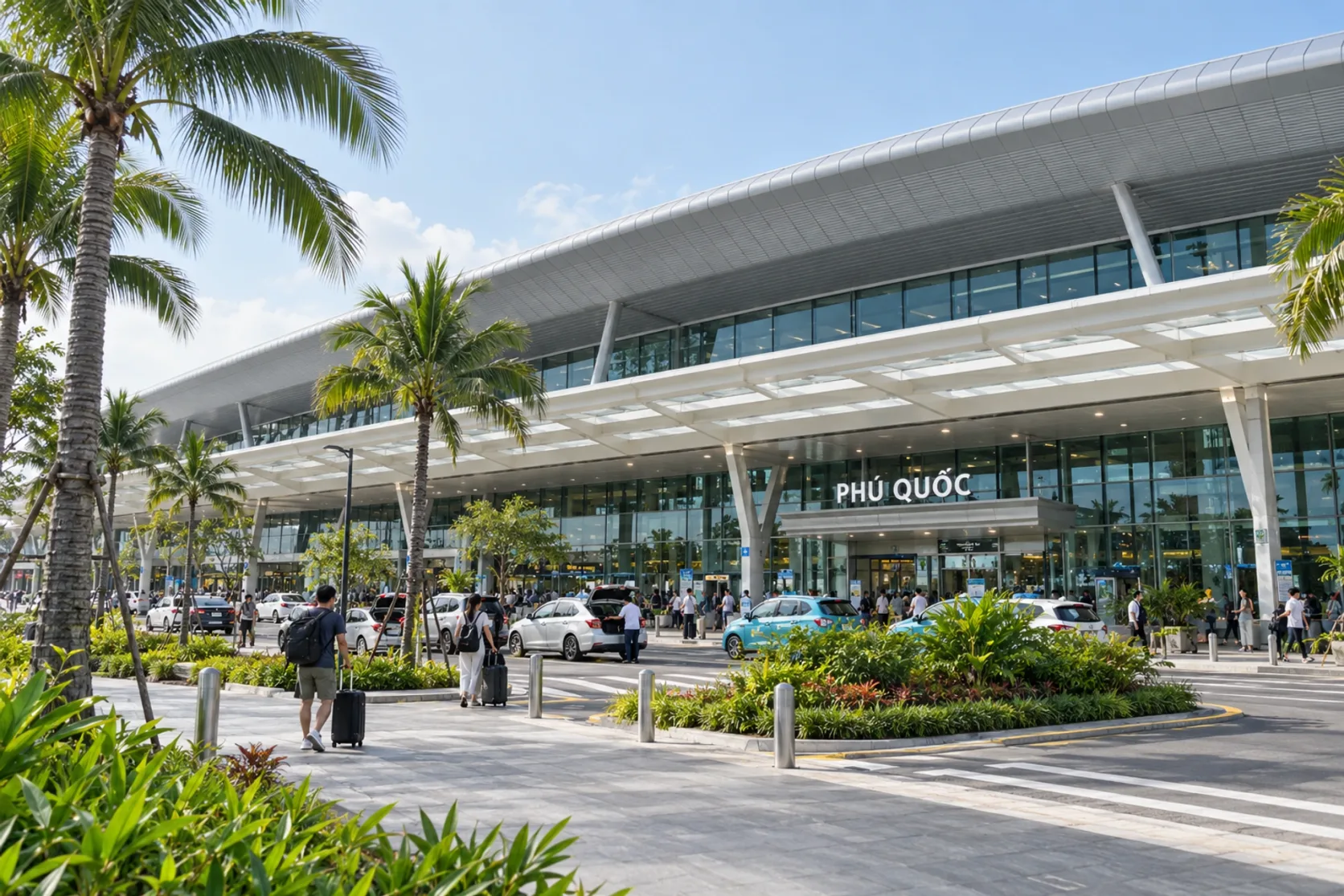 Terminal des Flughafens Phu Quoc vom Bereich zur Fahrgastabholung aus gesehen.