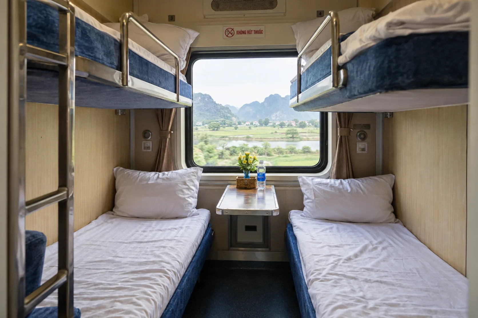 Berths inside a Vietnamese train sleeper compartment.